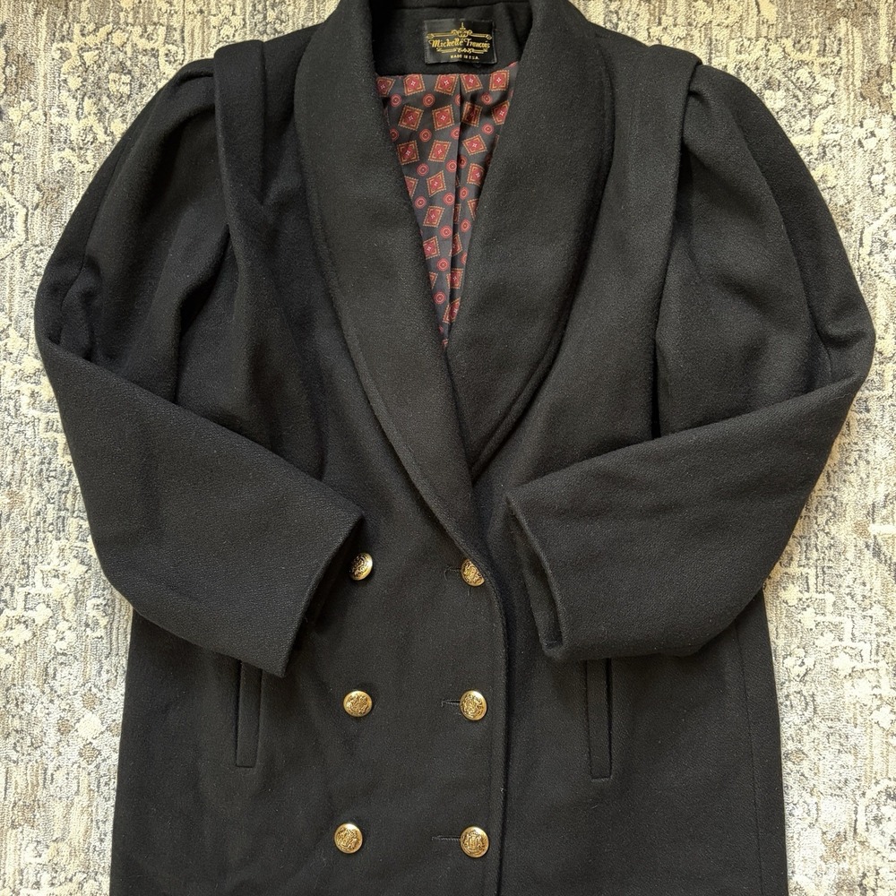 Vintage Womens Long Double Breasted Wool Coat Size L Black Trench Peacoat Shawl - Picture 8 of 16